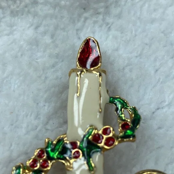 Candle Holder Holly Garland Christmas Pin Brooch Holiday Wear - Picture 5 of 10